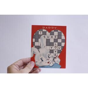 Rabbit Solving Crossword Puzzle, Love, Used, Valentine Card, Folding, Keepsake,